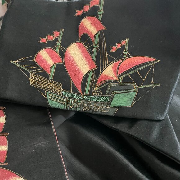 Japanese Nagoya Obi Sash in Pure Silk with a Painted Picture of an Old Ship - Picture 4 of 8